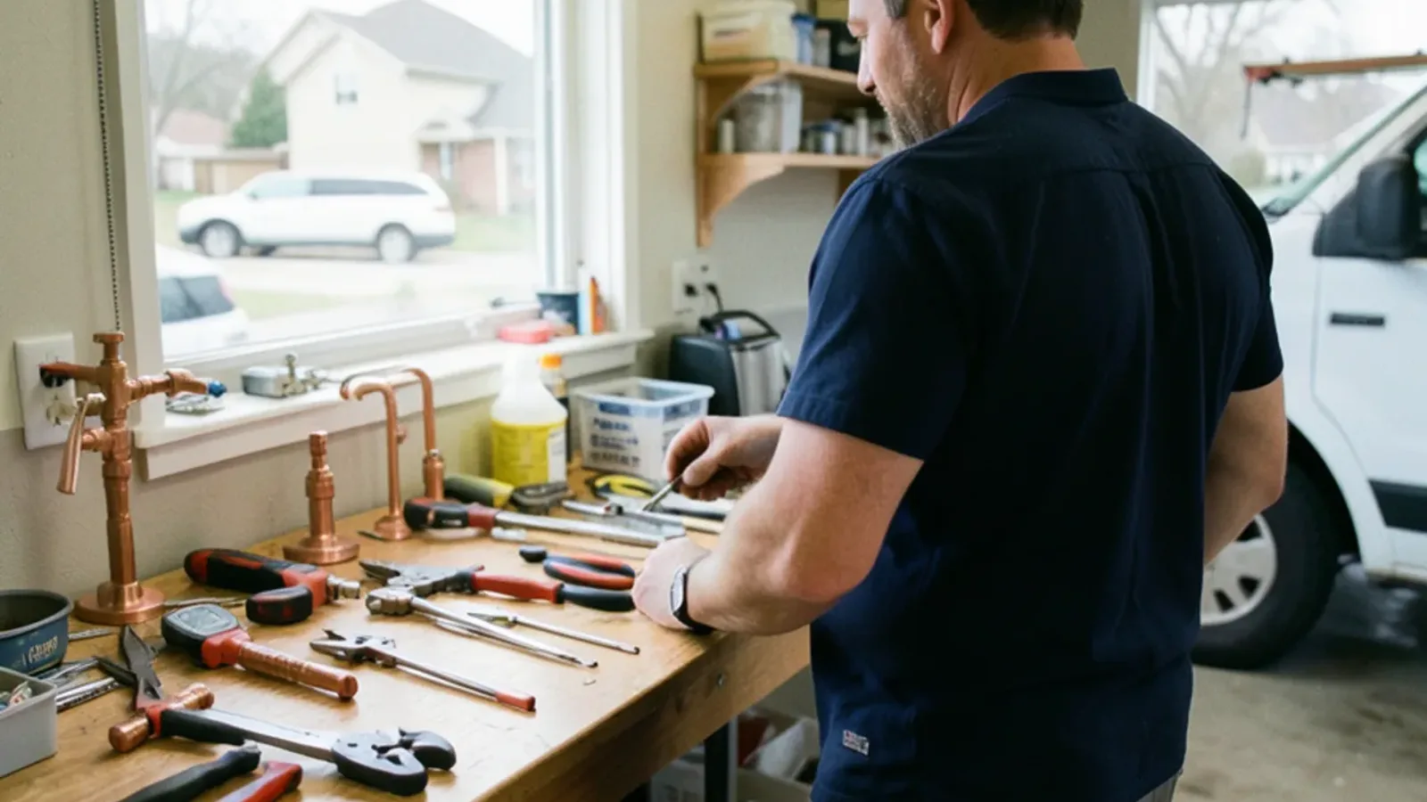 Plumber’s work bench with fittings and pipe cutter in a Warren shop space