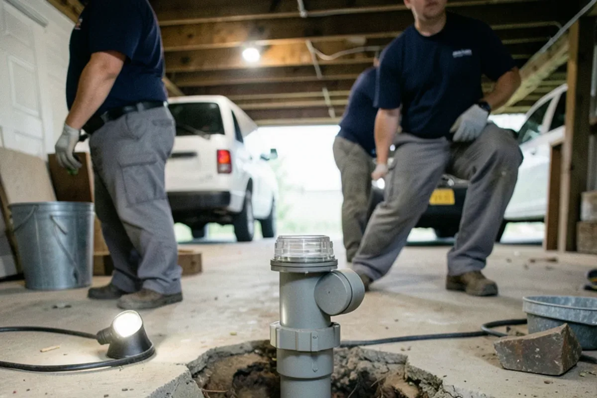 Clear-lid backwater valve set in a trench in a basement floor before patching