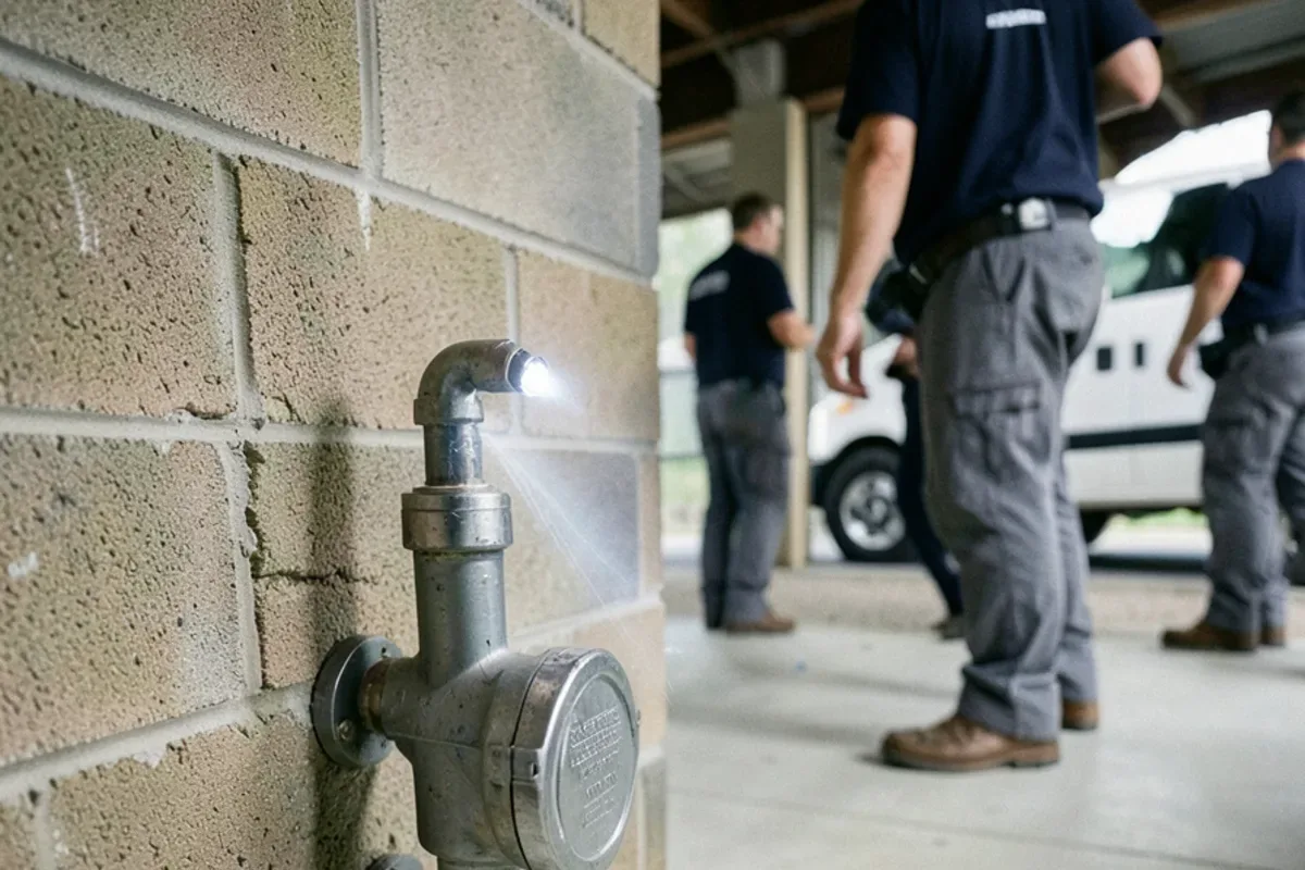 Water meter in a basement with the incoming service pipe scratched to show its metal