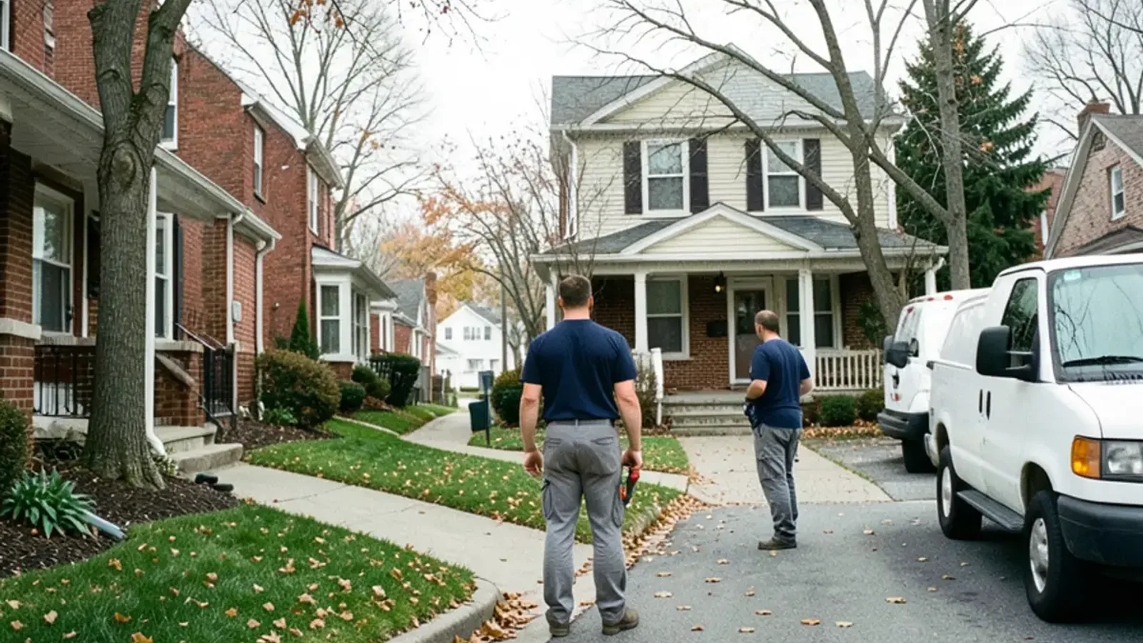 Small 1950s brick ranch houses and a bungalow along a narrow Center Line side street in early November