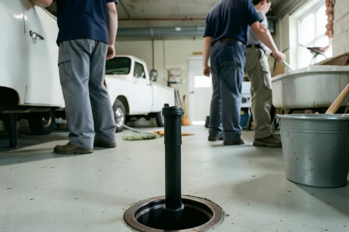 Rubber standpipe plug fitted into an older basement floor drain