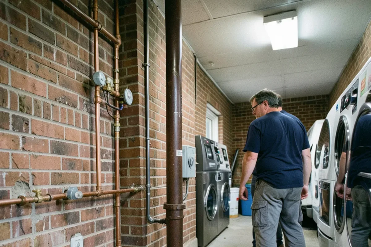 Shared main cleanout and water meter in the utility room of a small apartment building