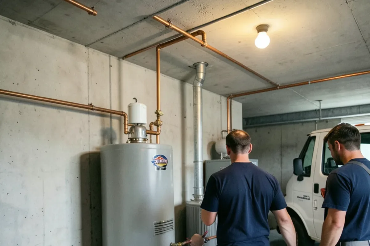 Gas water heater with copper supply lines and an expansion tank in a 1970s colonial utility room