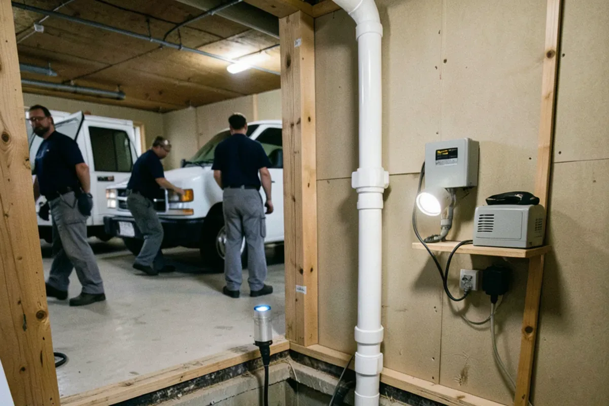 Sump pump pit with a PVC discharge line and check valve in the corner of a 1980s finished basement