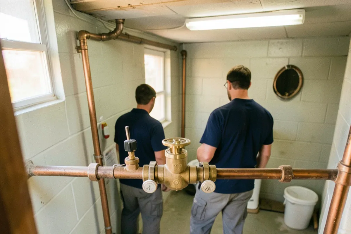 Reduced pressure backflow assembly mounted on the water service in a small commercial building mechanical room