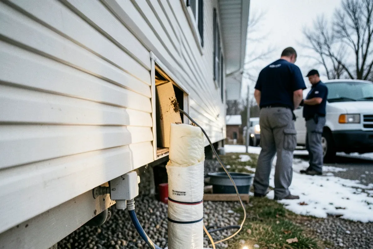 Insulated water supply riser with heat tape behind the open skirting panel of a manufactured home in winter