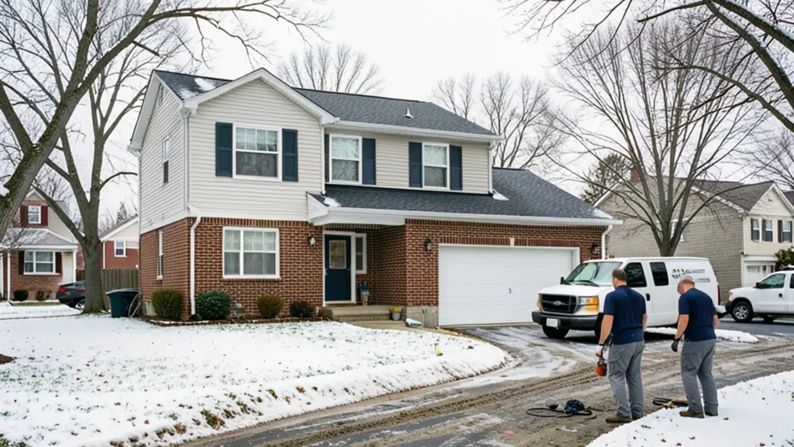 A 1970s two-story colonial with an attached garage on a curving Clinton Township subdivision street in winter