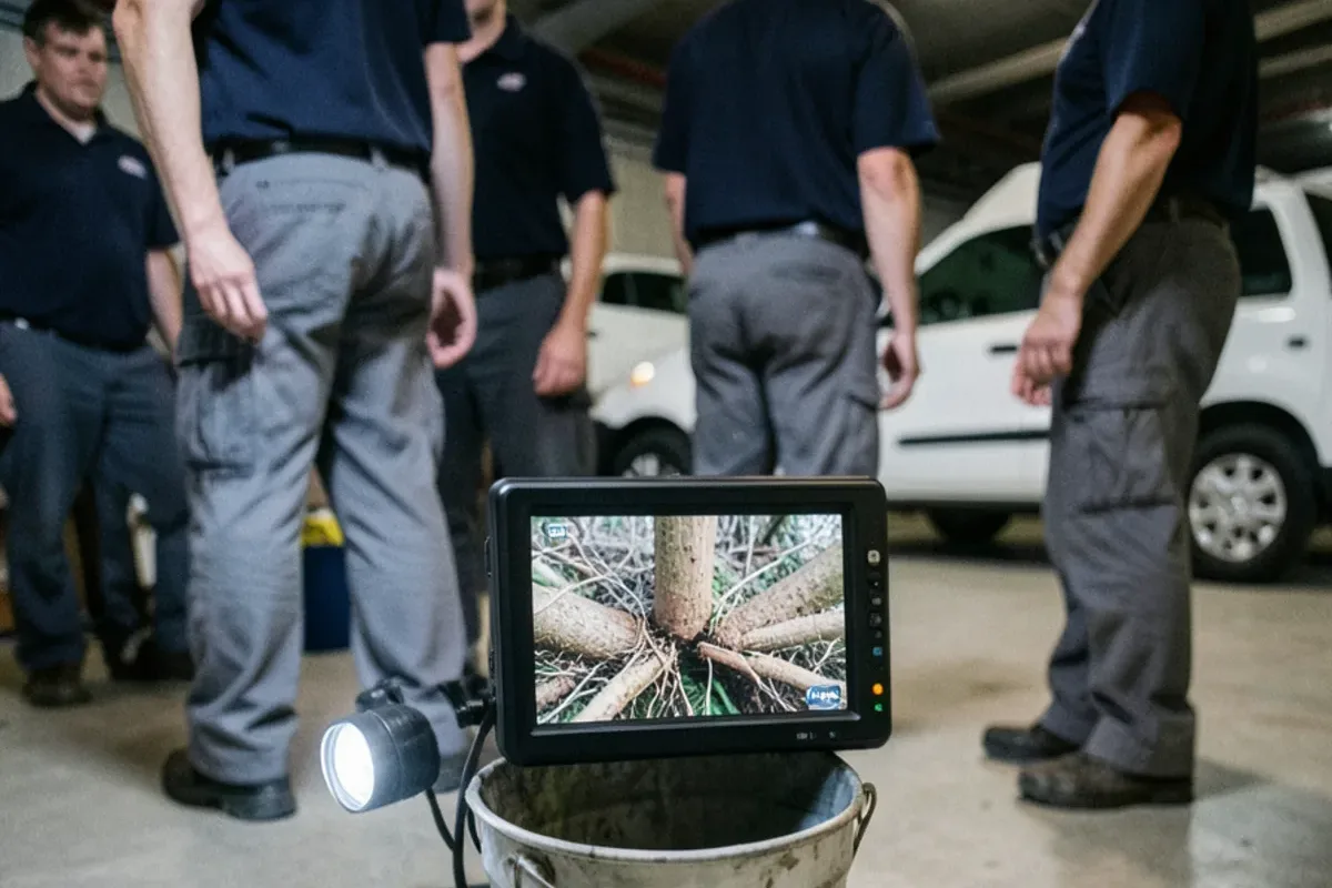 Sewer camera monitor showing tree roots growing through a clay pipe joint