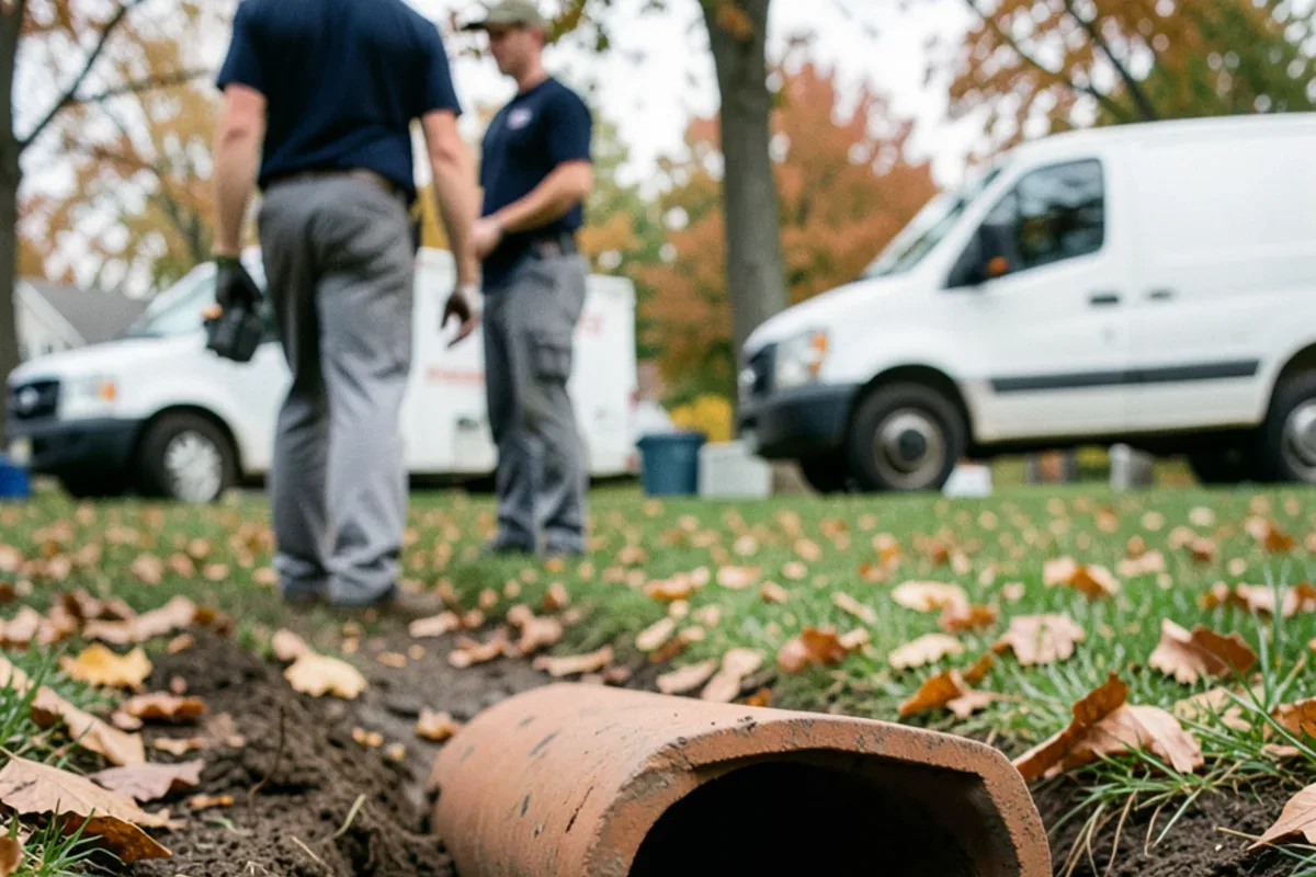 Section of clay tile sewer pipe with tree roots growing through the joint