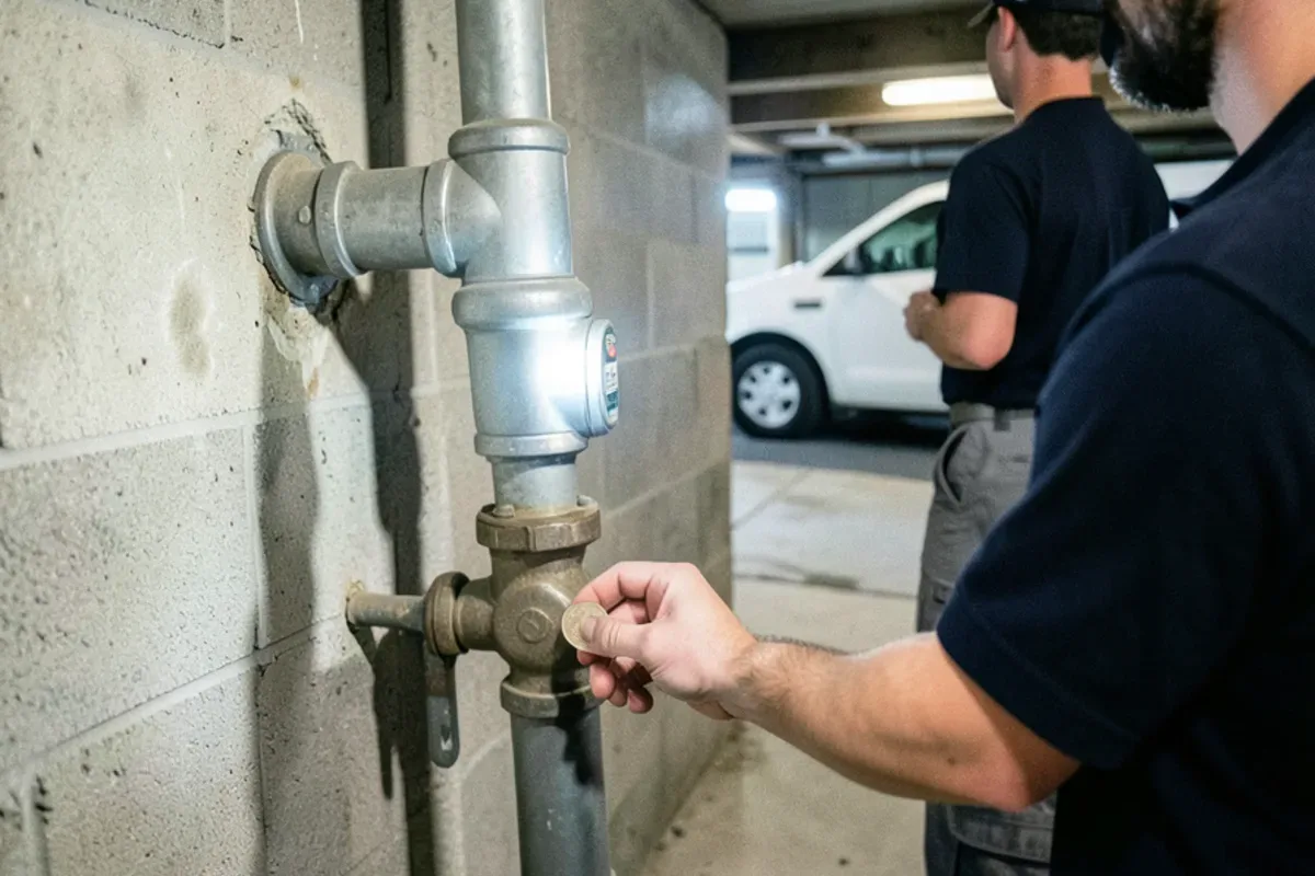 Dull gray water service pipe entering a basement wall below the water meter