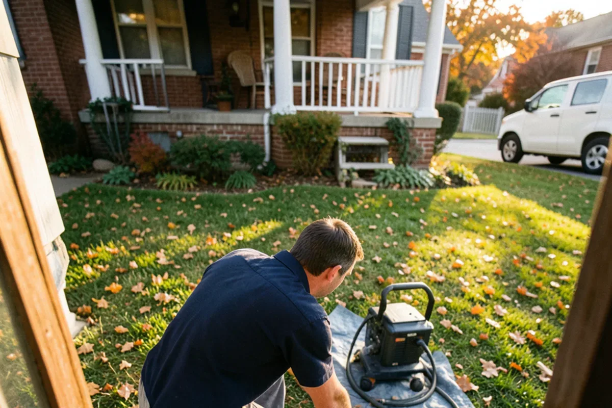 Plumber kneeling at a capped sewer cleanout in the front yard of a brick bungalow
