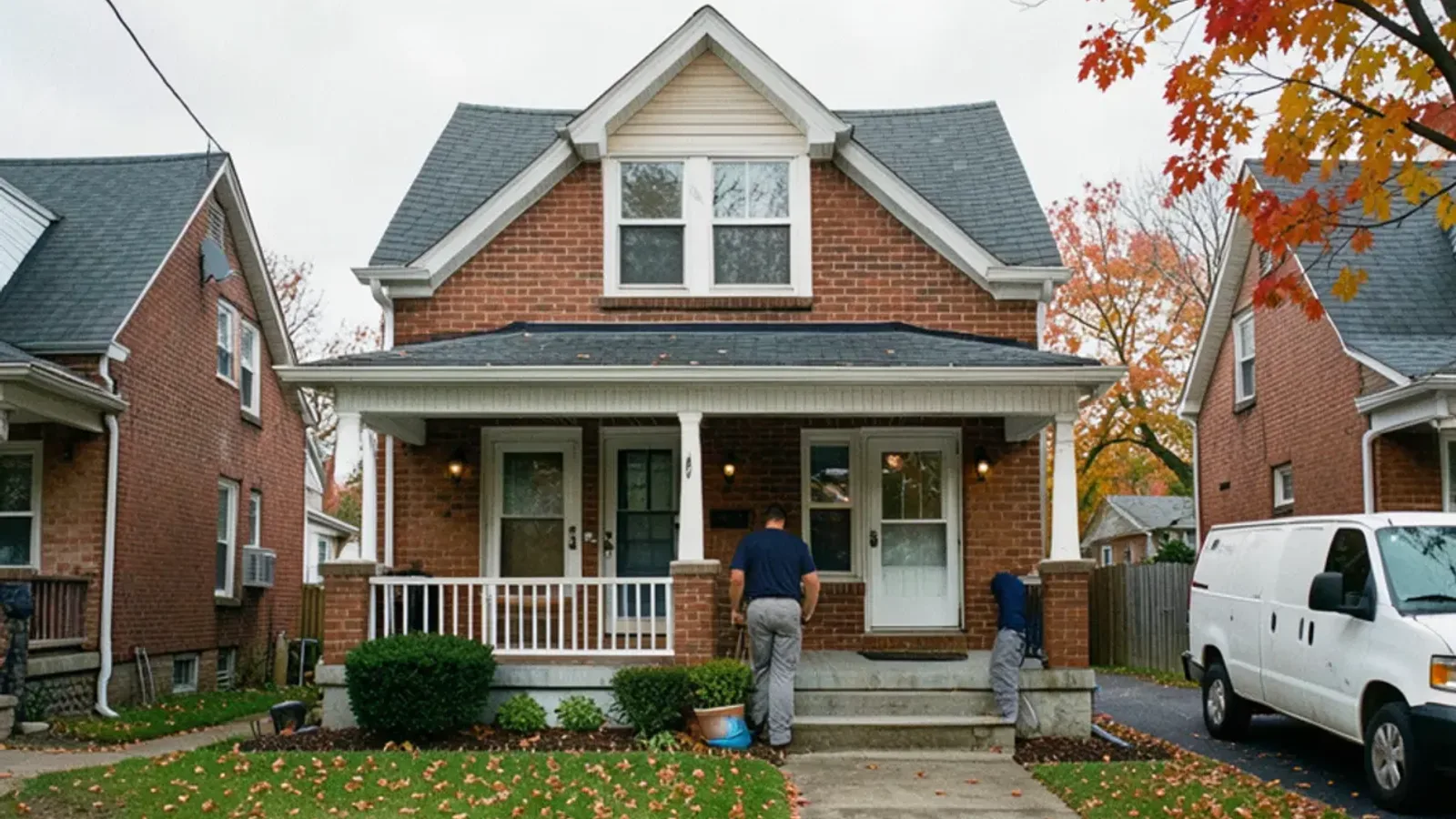 Brick bungalow with a covered front porch on a narrow Eastpointe lot in late October with maple leaves on the lawn