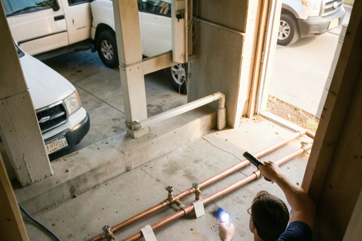 Row of labeled shutoff valves on copper lines in a shared condo mechanical room
