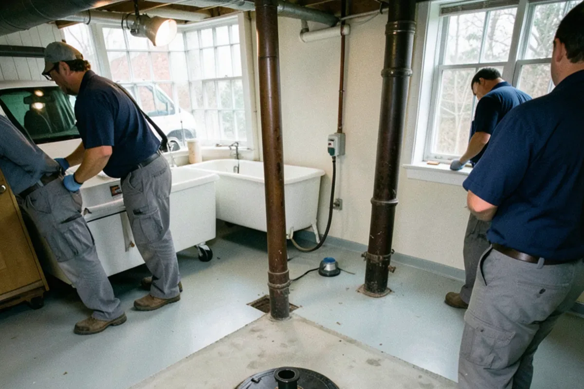 Backwater valve access cover set into the concrete floor of a 1940s colonial basement near a cast iron stack