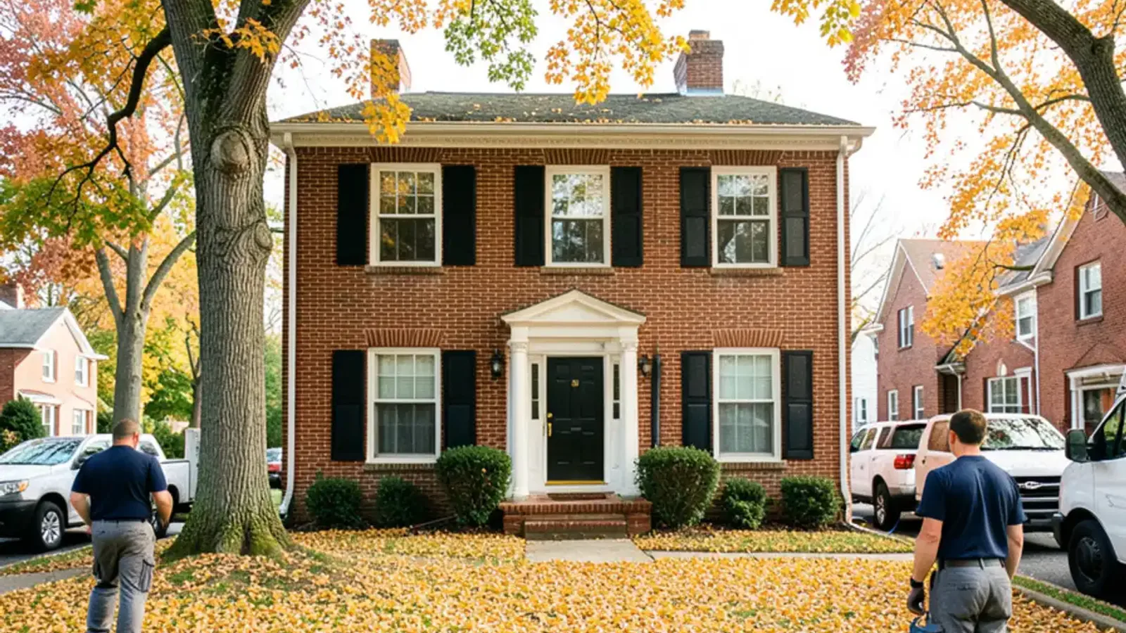 A 1940s brick colonial under tall maples on a quiet Grosse Pointe Woods side street in late October