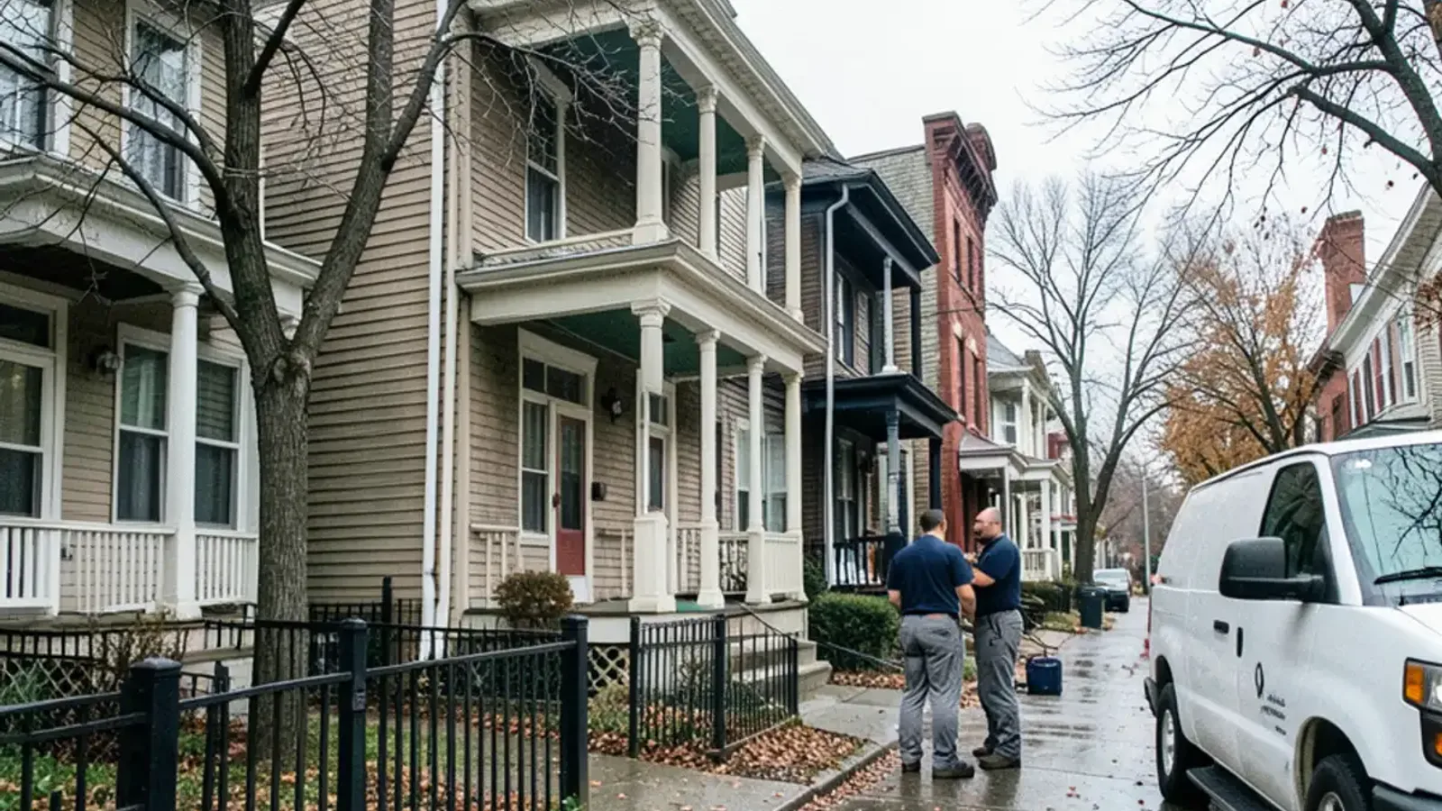 Two-story wood-frame two-family flats with stacked front porches set close together on a Hamtramck street in late autumn