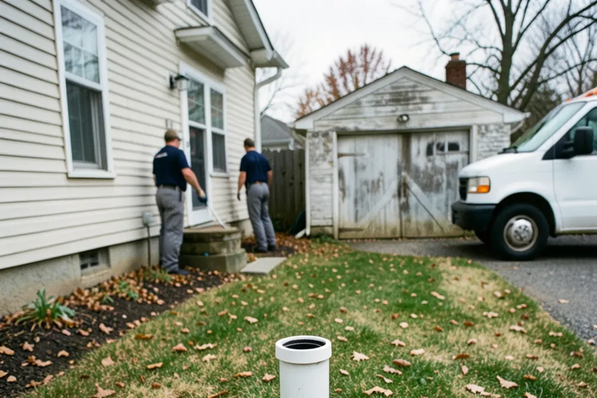 Sewer cleanout cap in a narrow backyard between a Cape Cod house and its detached garage