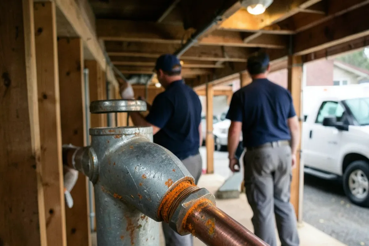 Rusted galvanized steel elbow on an old supply line next to newer copper in a bungalow basement