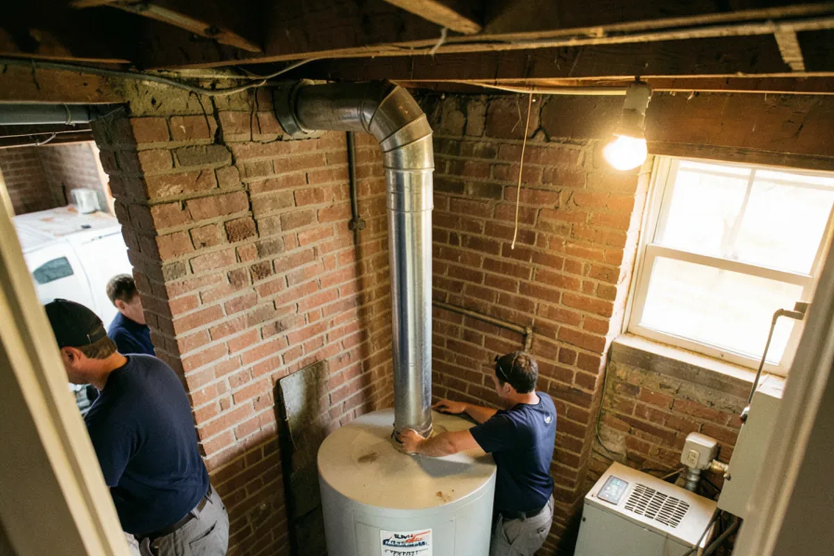 Gas tank water heater squeezed into a narrow basement corner beside a chimney and furnace