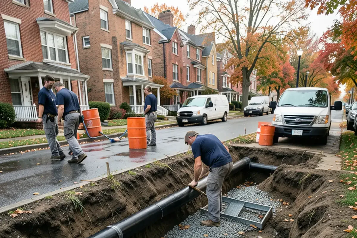 New ductile iron water main laid in an open trench on a residential street of prewar houses