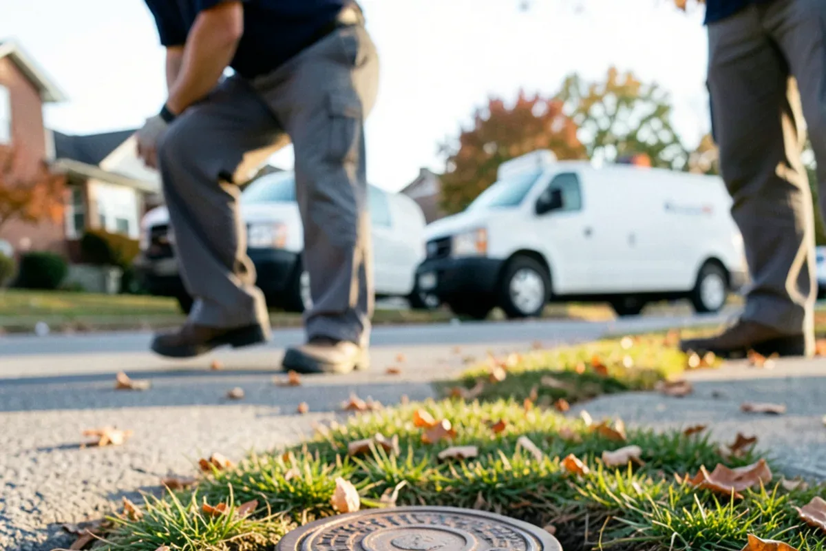 Curb stop box cover set in a front lawn strip beside a public sidewalk