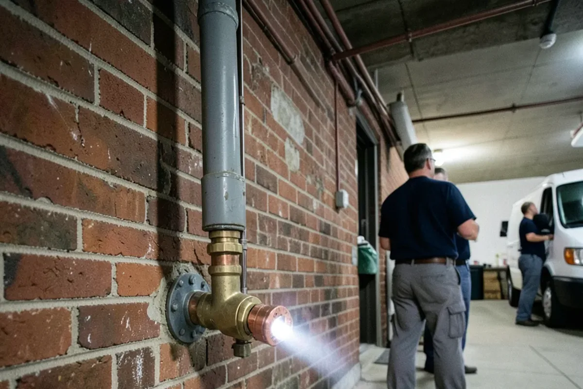 Basement water meter connected to an old dull gray service pipe entering through a brick wall