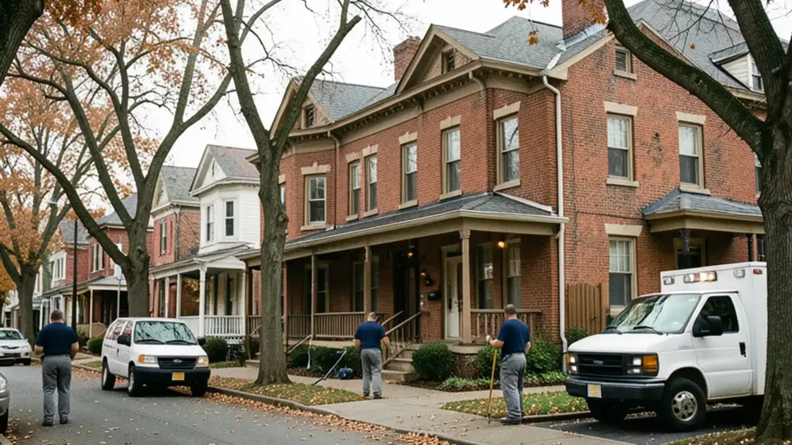 Two-story 1910s brick and frame houses with deep front porches on a tree-lined Highland Park street in late autumn