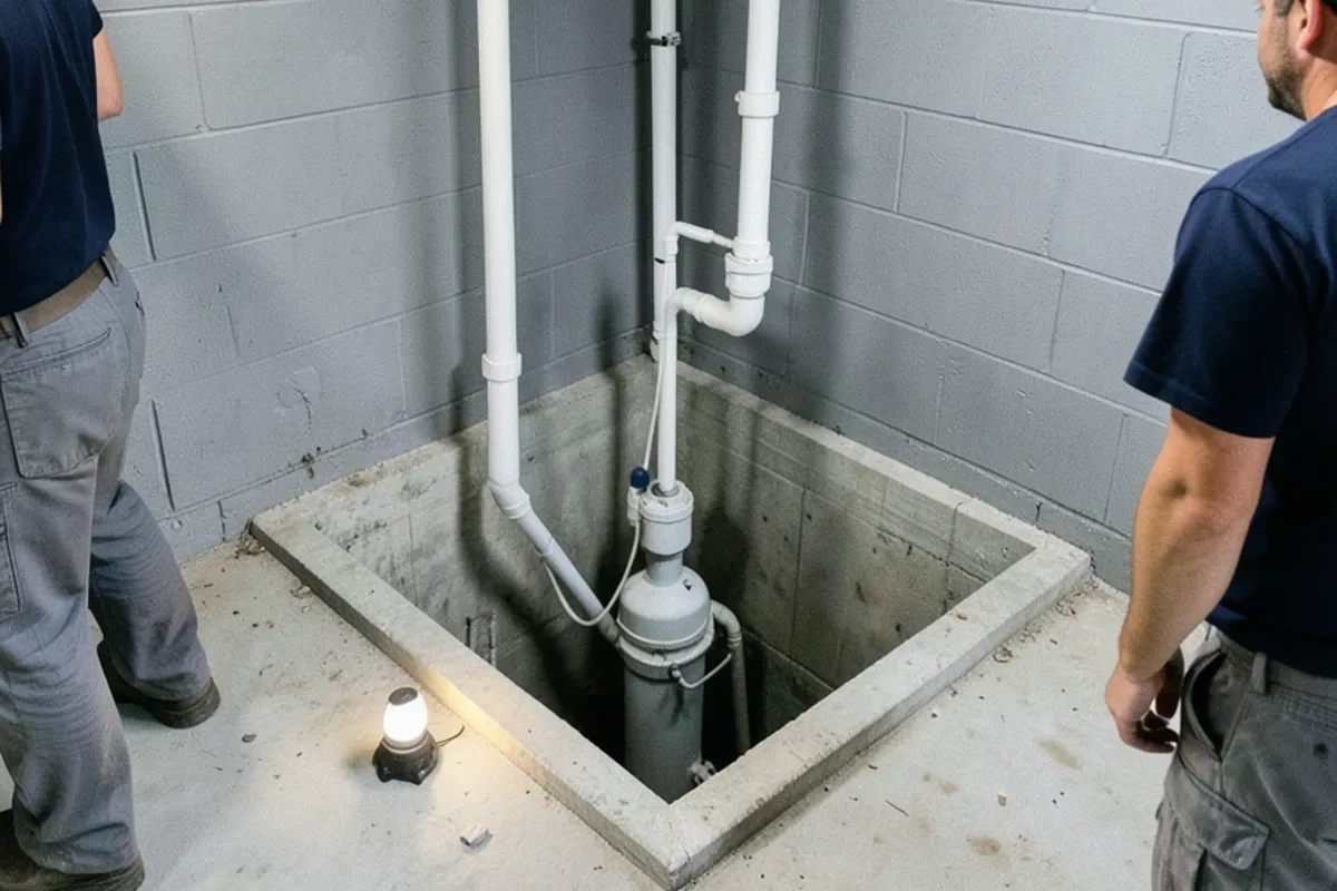Sump pit with a pedestal pump and check valve in the corner of a painted concrete block basement