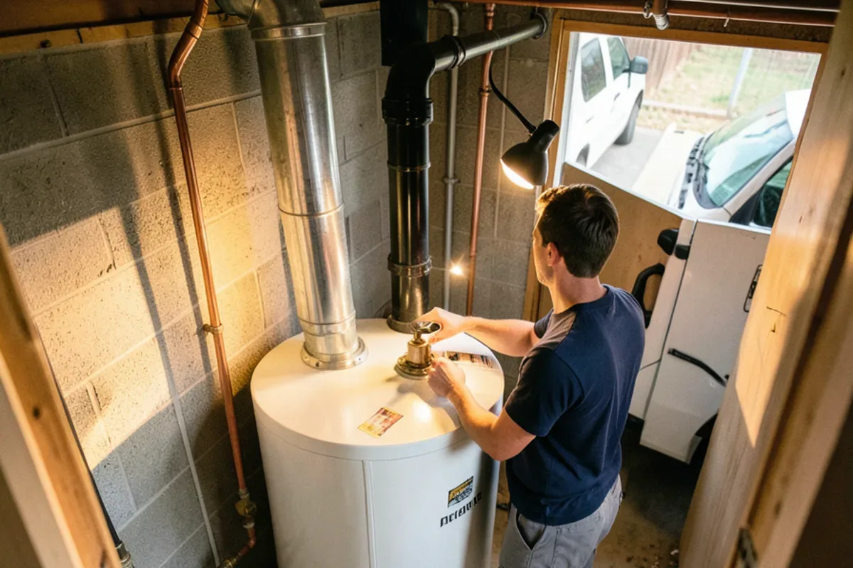 Gas tank water heater standing beside a cast iron drain stack in an unfinished basement