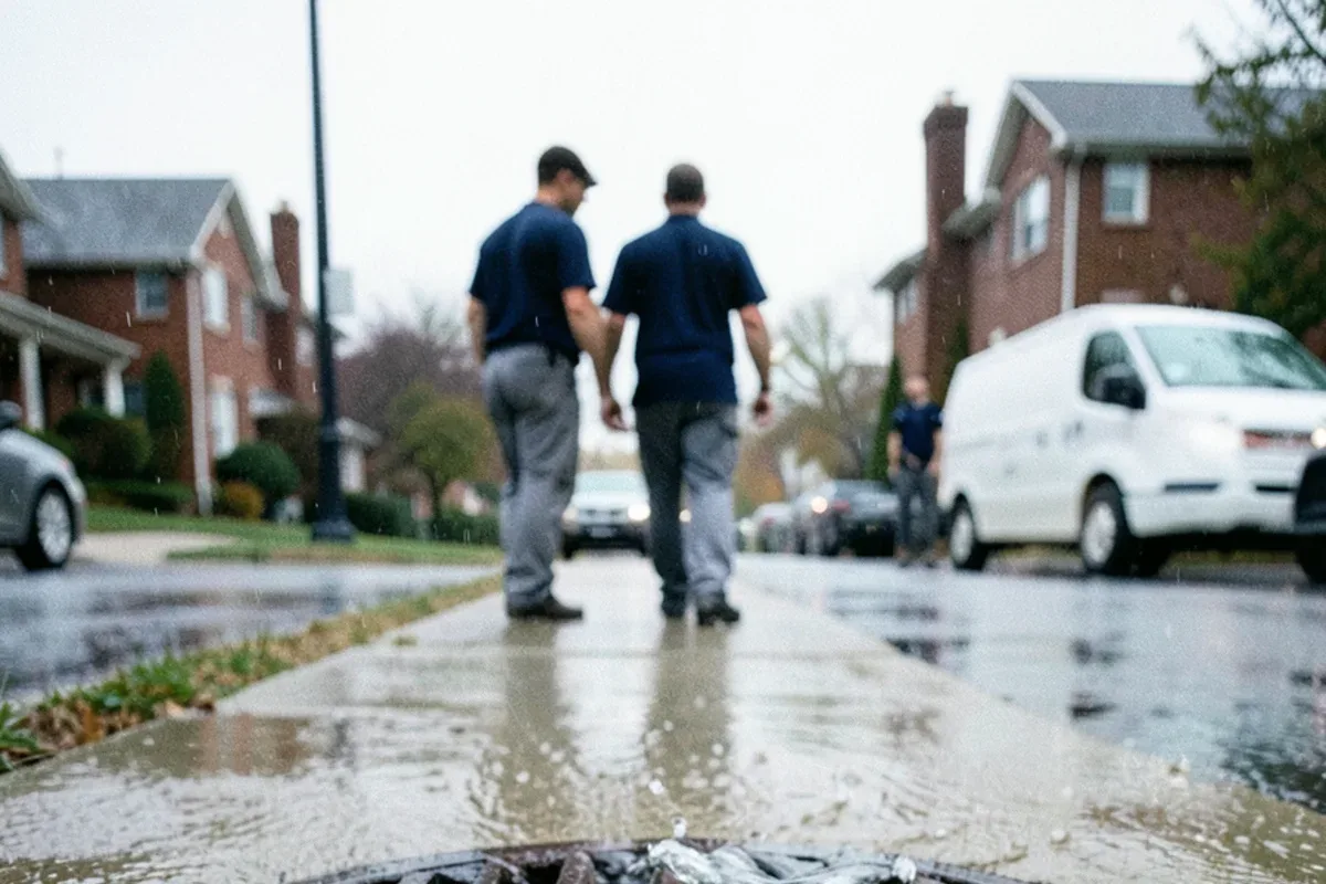 Street catch basin grate overflowing with rainwater along a curb in a downpour