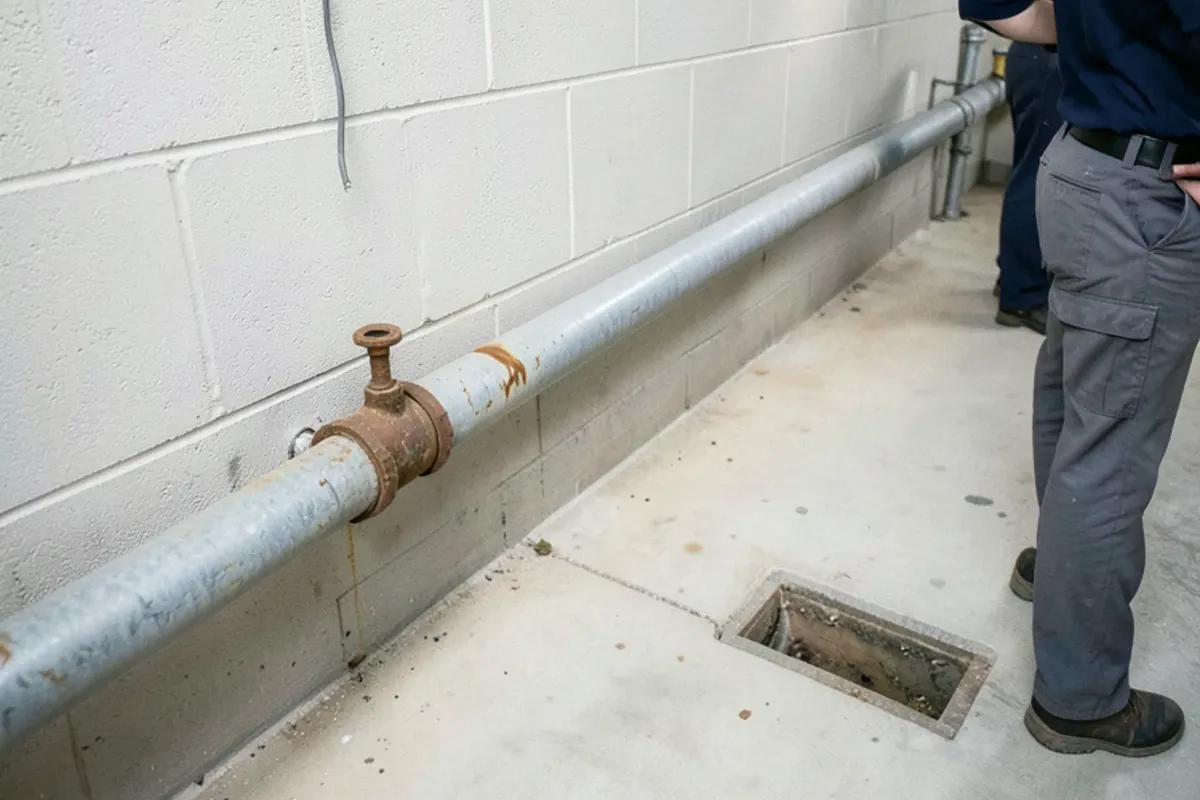 Scaled cast iron building drain and cleanout along the floor of a 1950s ranch basement