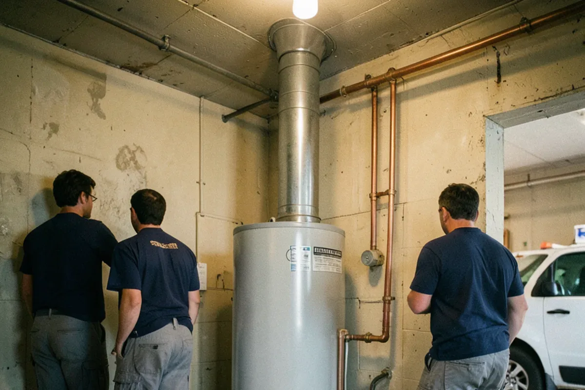 Gas tank water heater and furnace in the utility corner of a postwar ranch basement