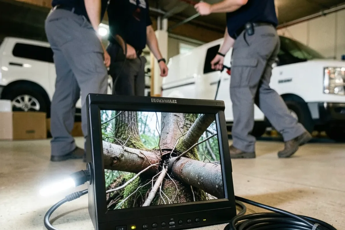 Sewer camera monitor showing roots growing through a clay pipe joint