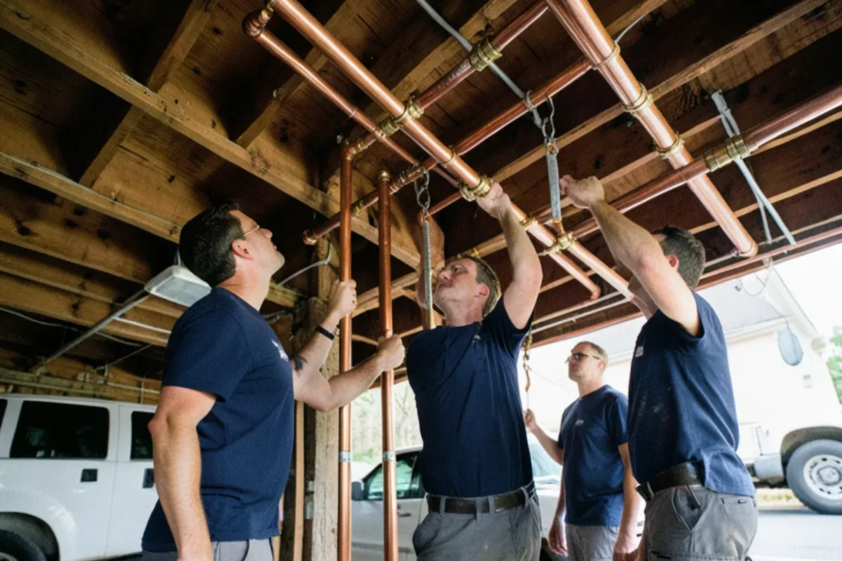 New copper water lines run along the open joists of an older basement ceiling