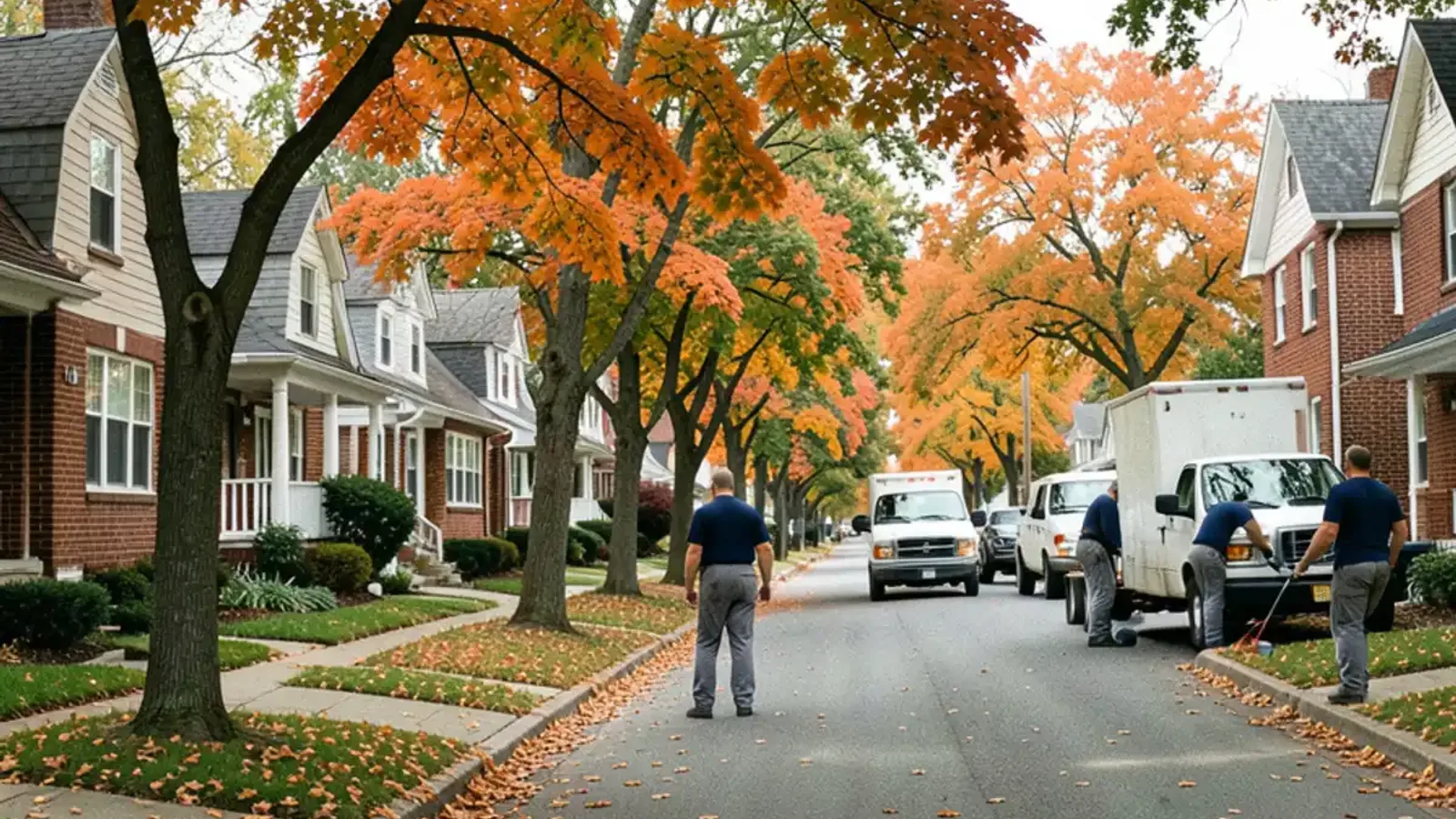 Brick bungalows and Cape Cod houses under mature trees on a south Oakland County street in October