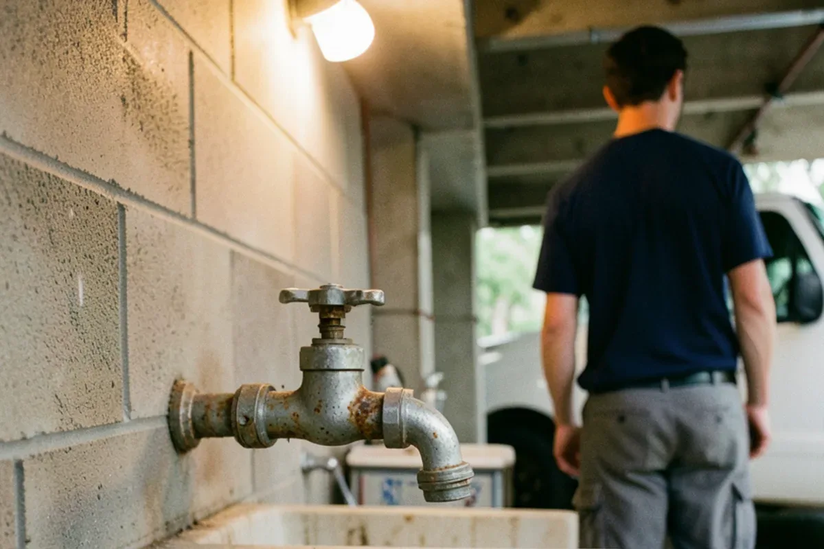 Rusted galvanized steel supply pipe feeding a laundry tub faucet in an older basement