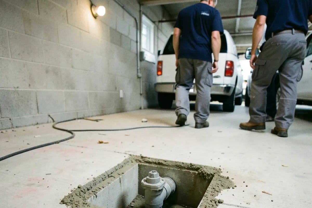 Backwater valve access cover set into a concrete basement floor near the main drain