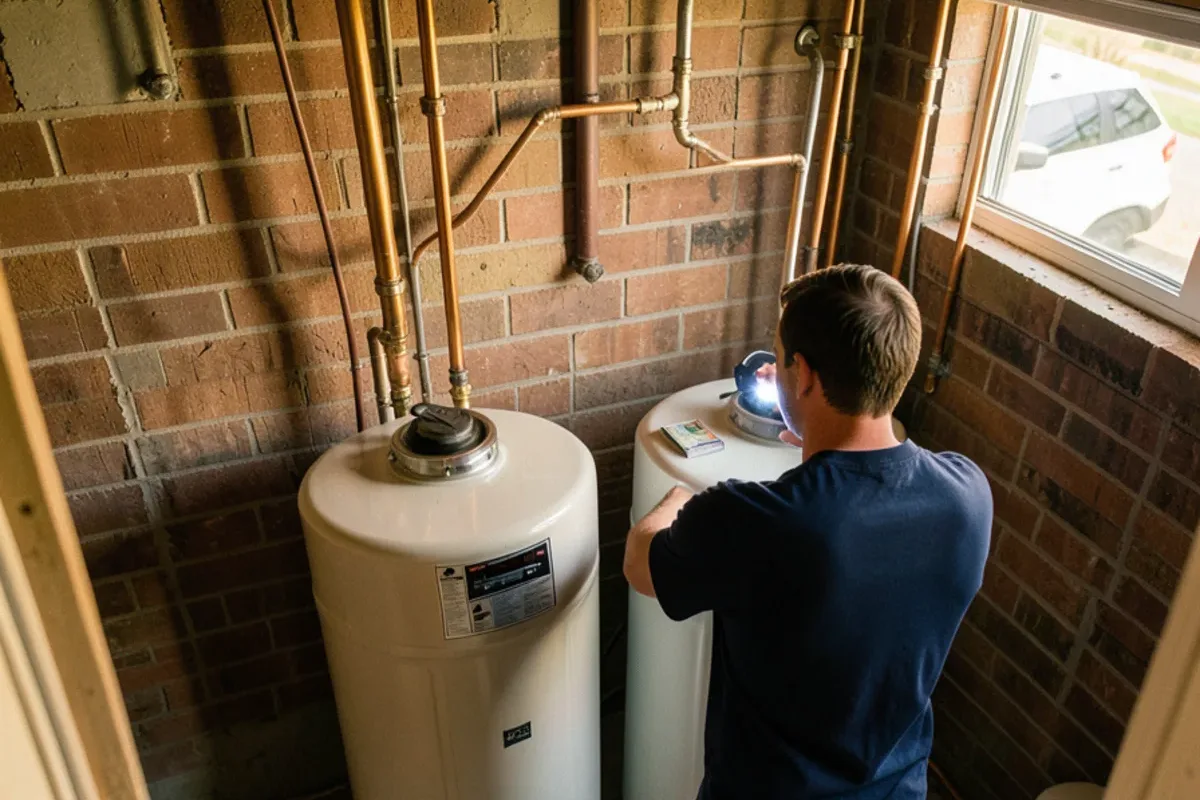 Two tank water heaters side by side in the shared basement of a duplex