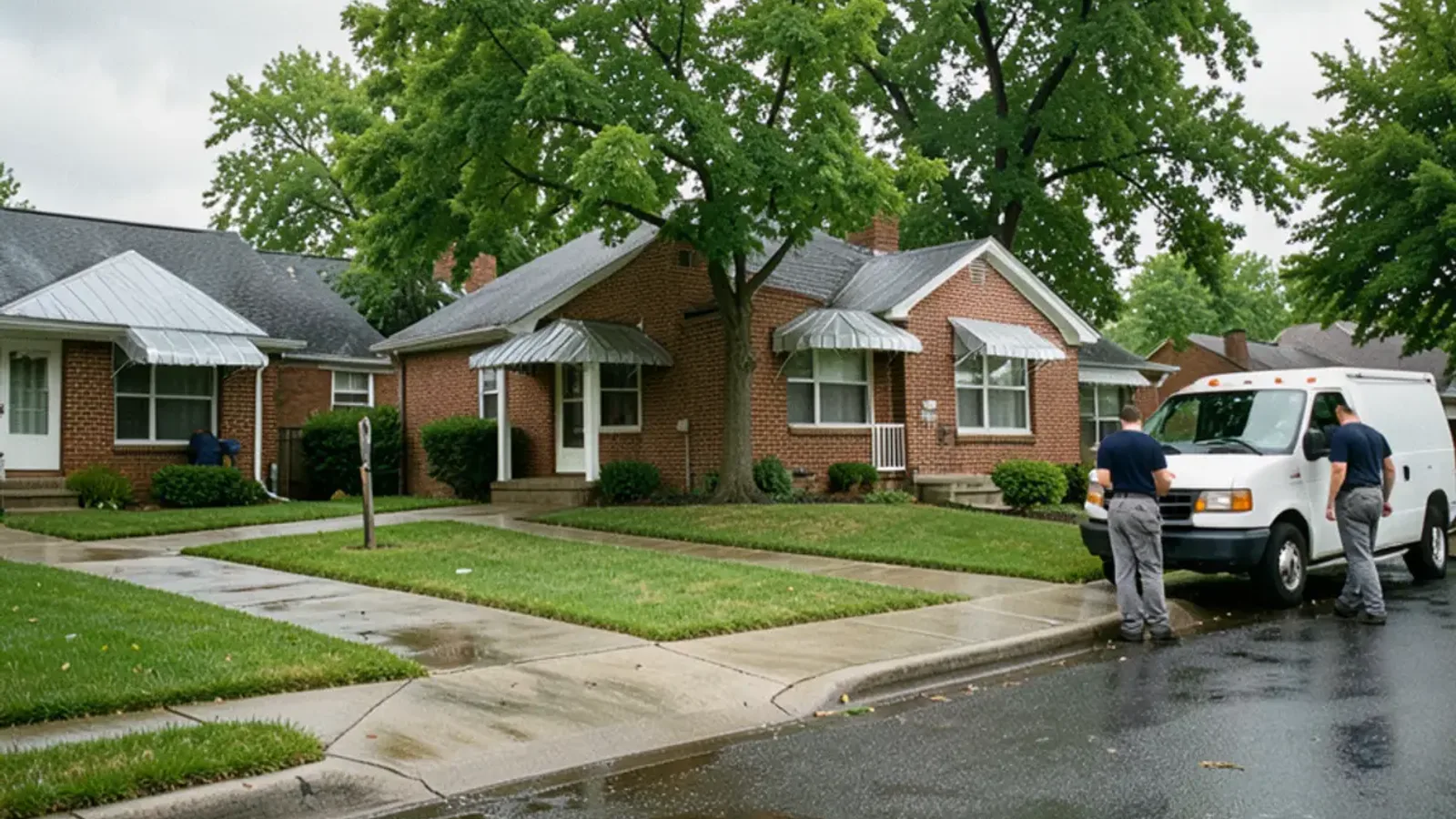 Street of 1950s brick ranch houses with aluminum awnings in Roseville after a summer rain, puddles at the curb