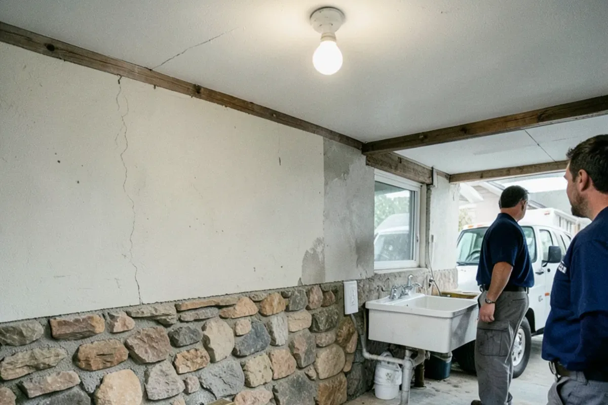 Cast iron sewer cleanout and floor drain along the front wall of a 1920s bungalow basement with a fieldstone foundation