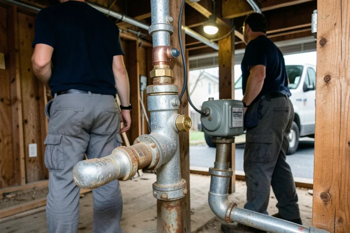Rusty galvanized supply piping leaving the water meter along the joists of an older bungalow basement