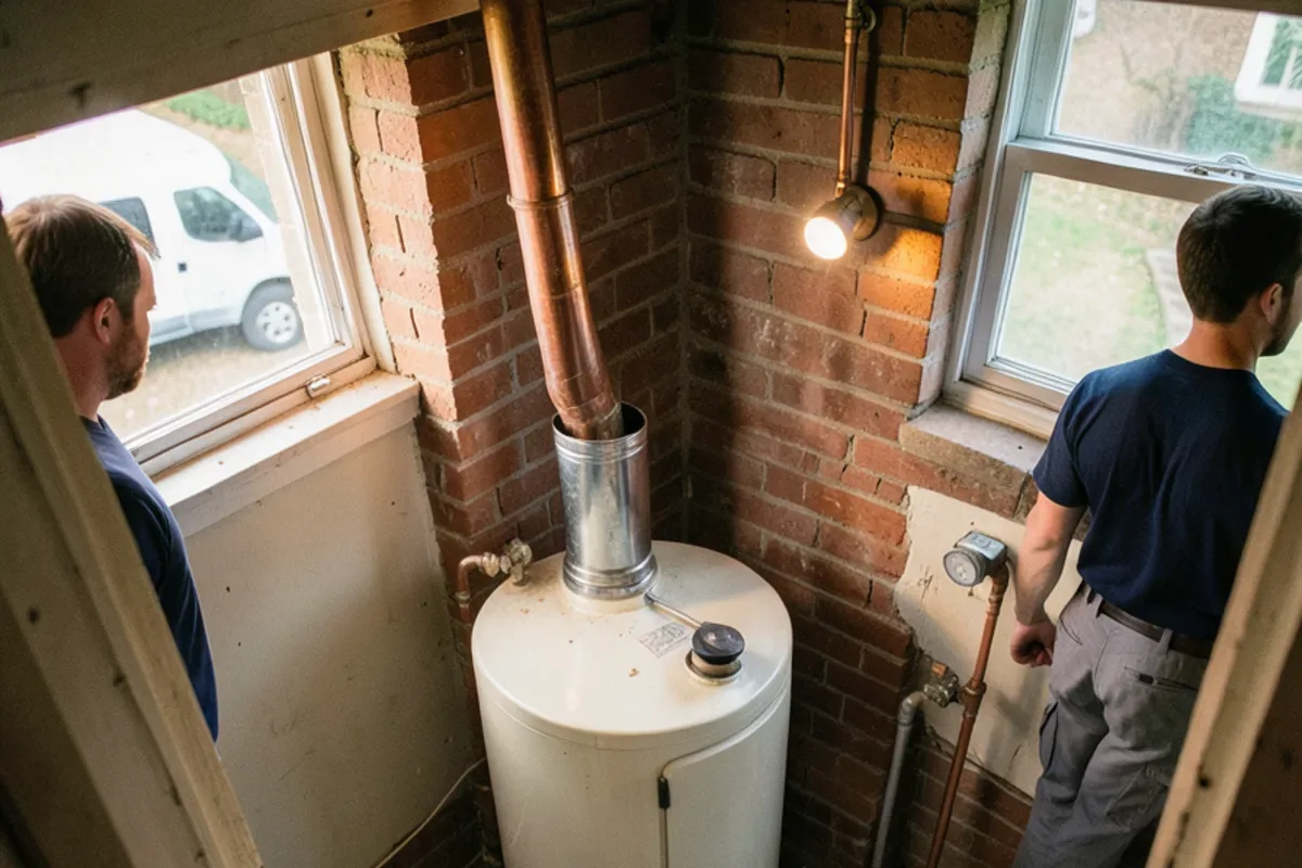 Gas water heater venting into a brick chimney in a 1940s Cape Cod basement