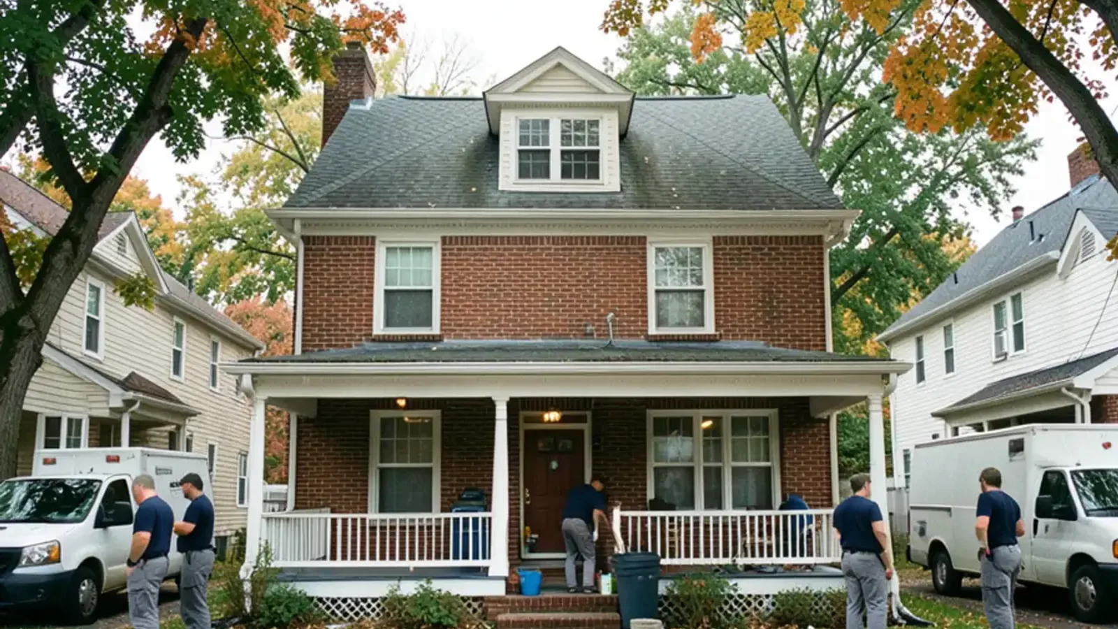 A 1920s brick bungalow with a deep front porch on a tree-lined Royal Oak street in early fall