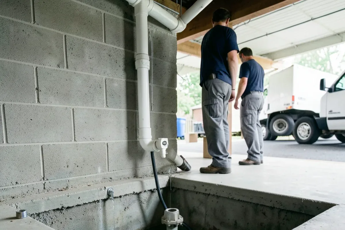 Sump pit with a submersible pump and a check valve on the PVC discharge in a 1950s ranch basement