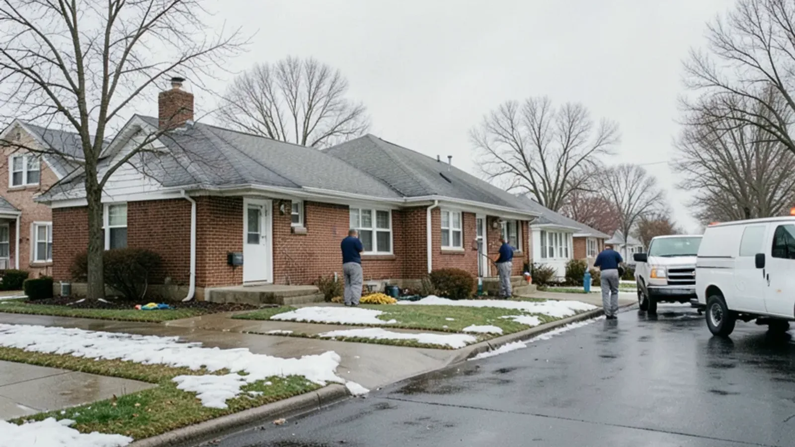 A row of 1950s brick ranches with low hip roofs on a St. Clair Shores street during the early spring thaw