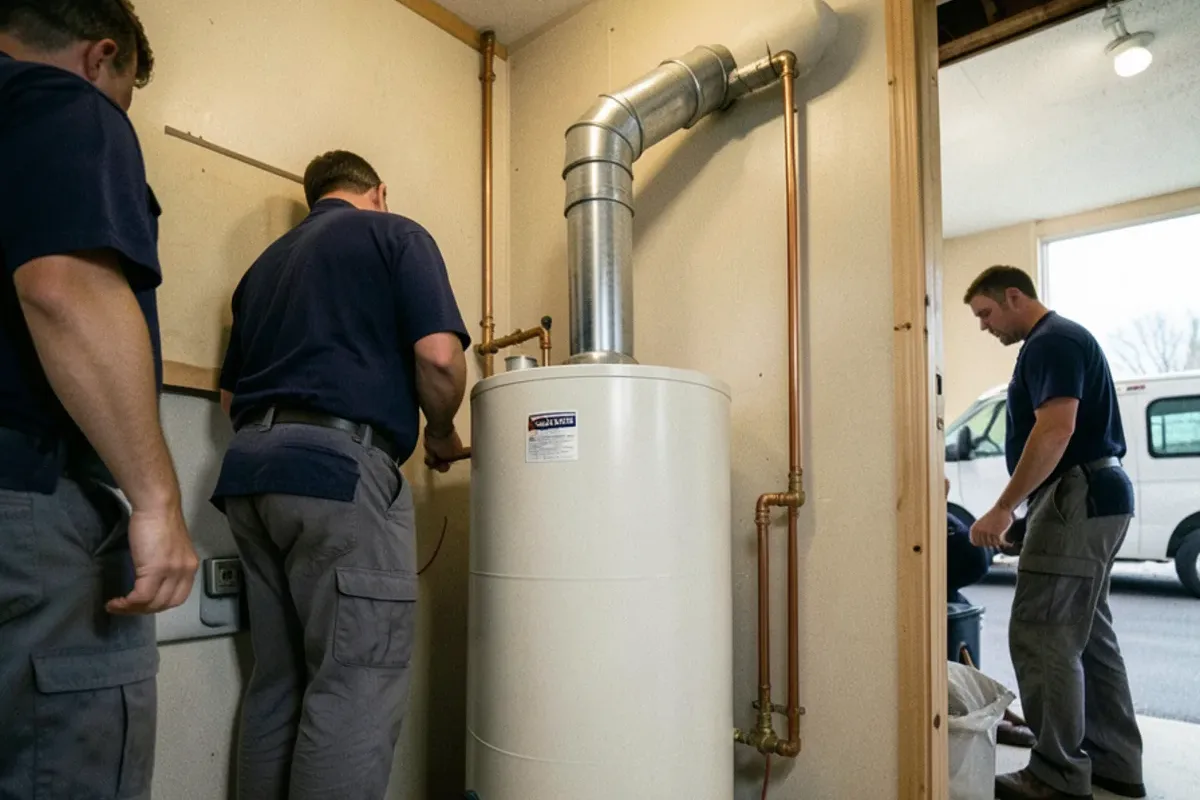 Gas tank water heater in a utility corner beside a finished basement wall and carpet
