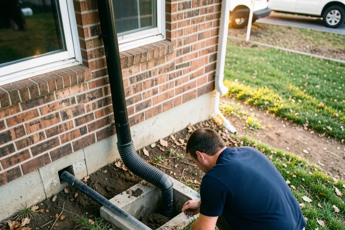 Sump pump discharge pipe running from a foundation wall to a splash block on a lawn