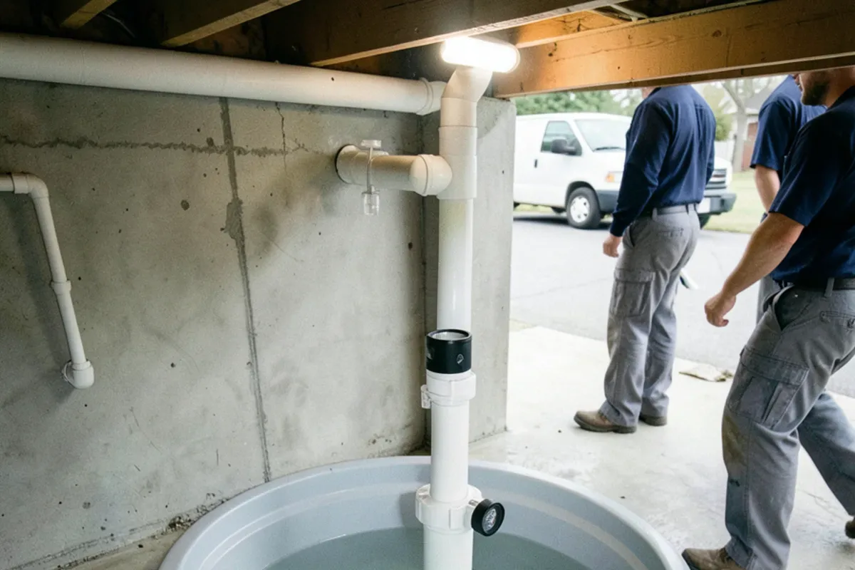 Open basement sump pit with a submersible pump, check valve and white PVC discharge pipe
