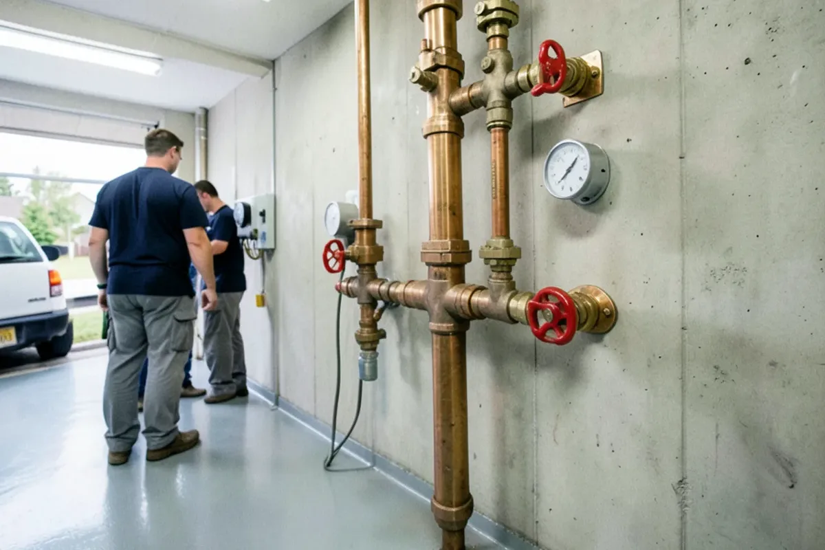 Commercial water entry with a backflow assembly and pressure gauges in an office building mechanical room