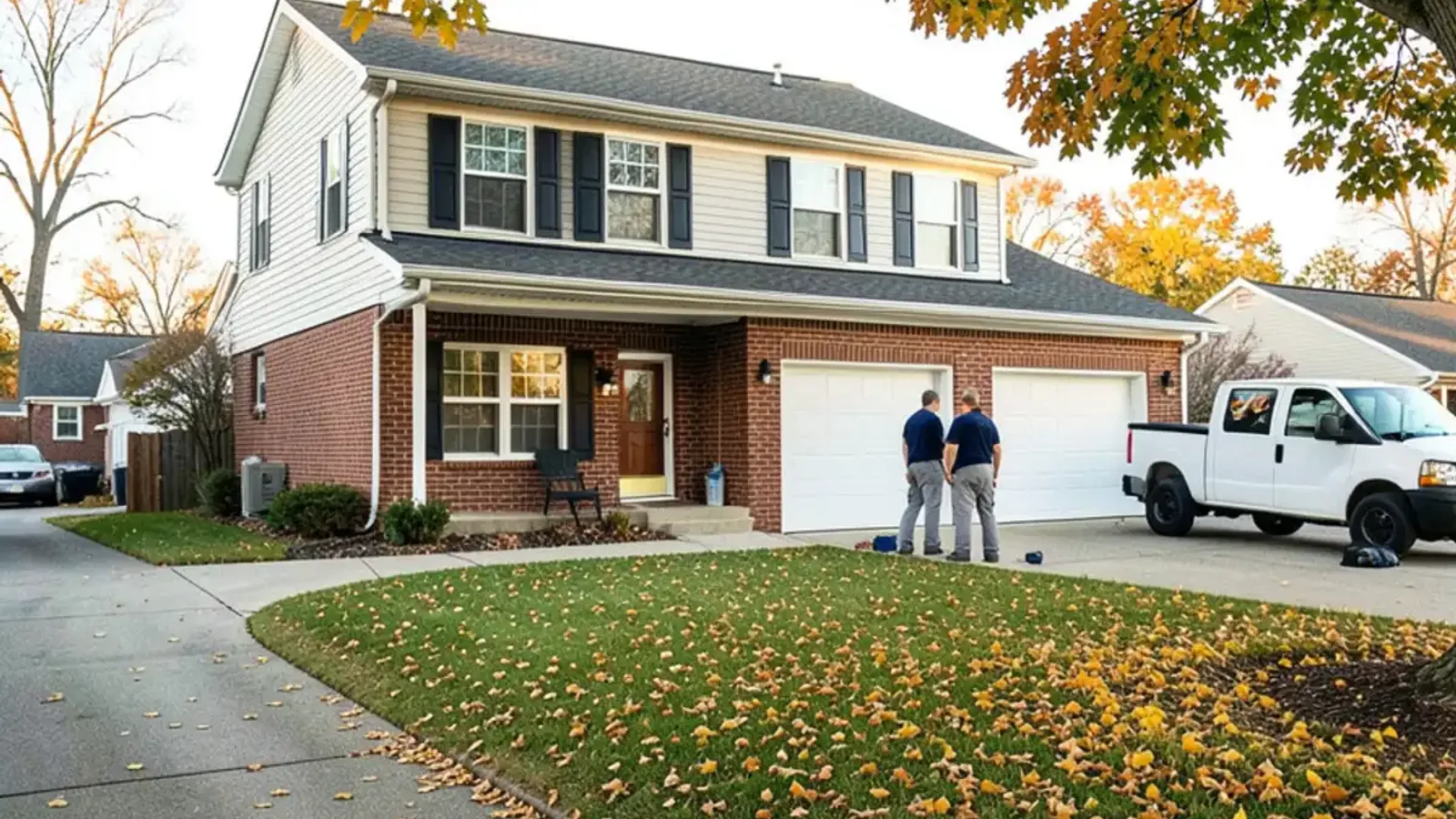Two-story 1970s brick and siding colonial with an attached two-car garage in a Troy subdivision in late autumn